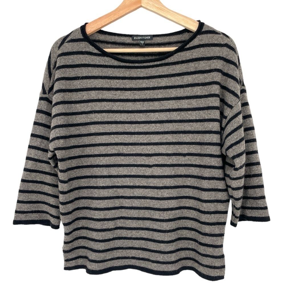 Eileen Fisher Women’s Wool & Yak Stripped Square Scoop Neck Sweater Top Size S